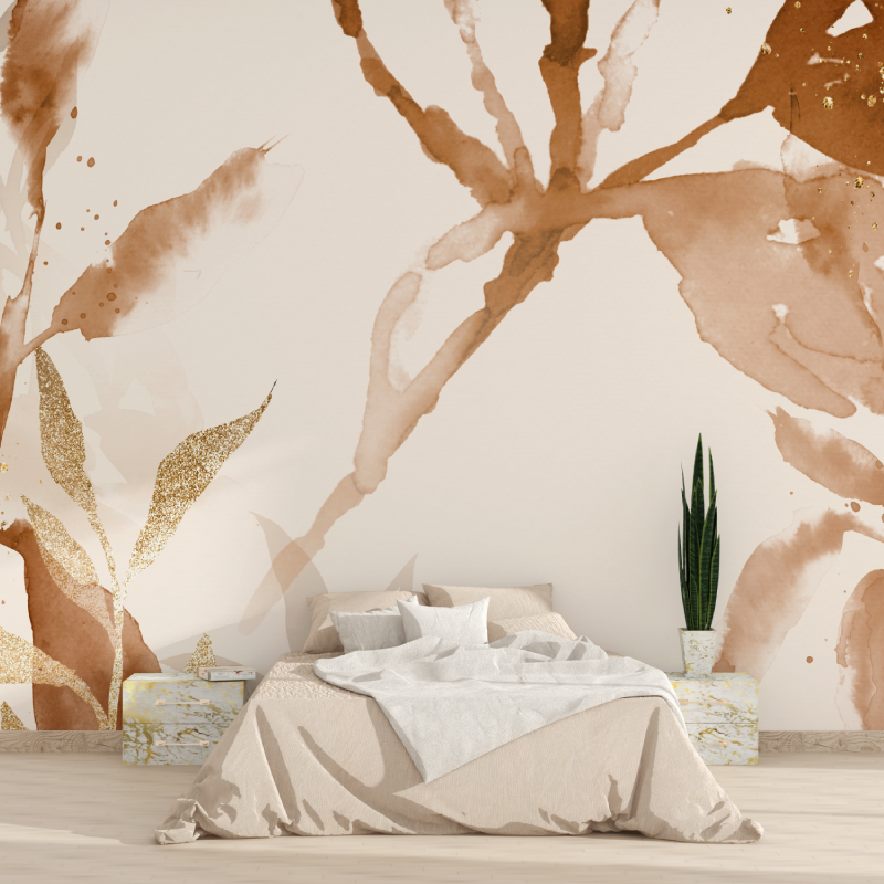 Abstract Mural Wallpaper | Terracotta Watercolor with Gold Leaves
