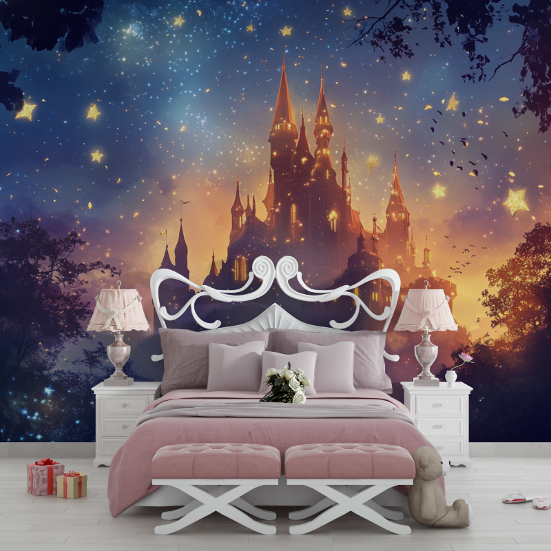 Castle Mural Wallpaper | Magical Night Sky With Golden Stars