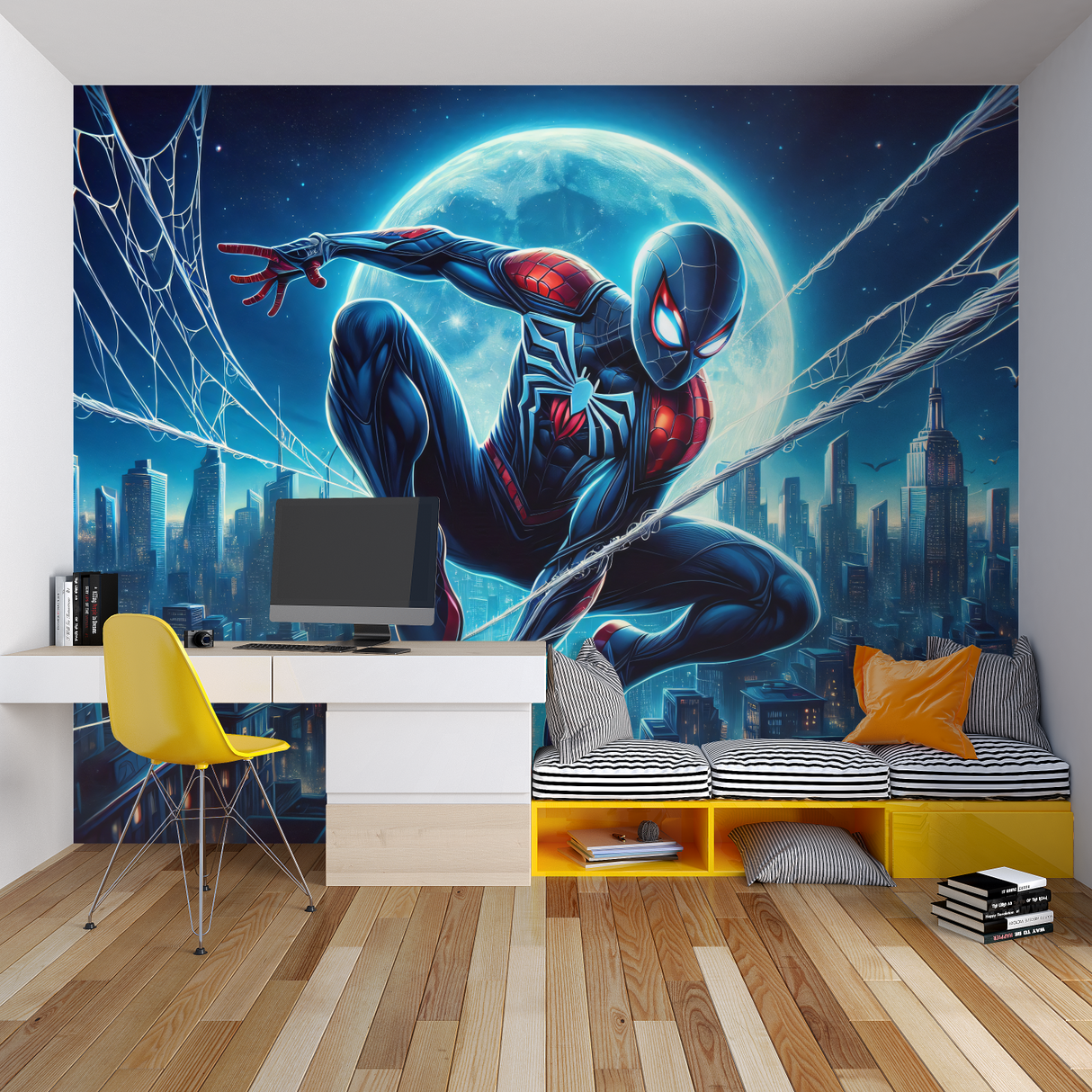 Superhero Mural Wallpaper | Spider Web Night Scene