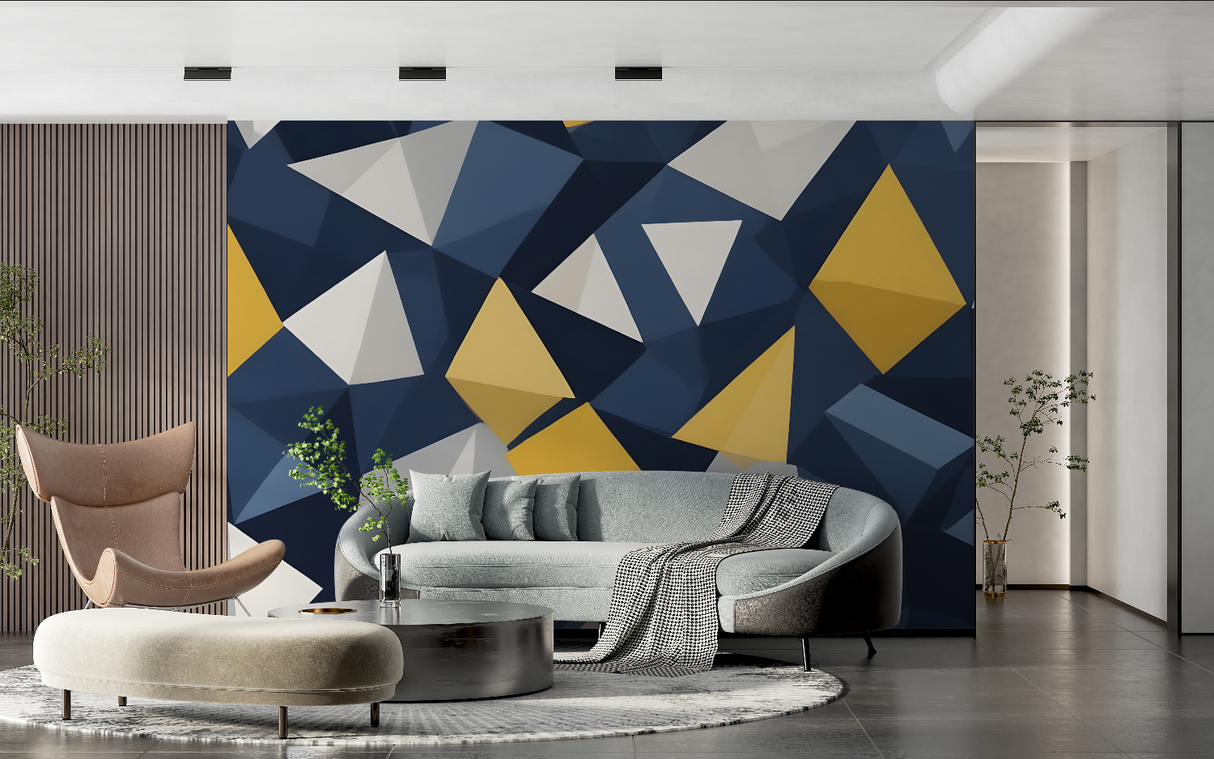 Geometric Mural Wallpaper | Modern Navy Blue and Gold Design