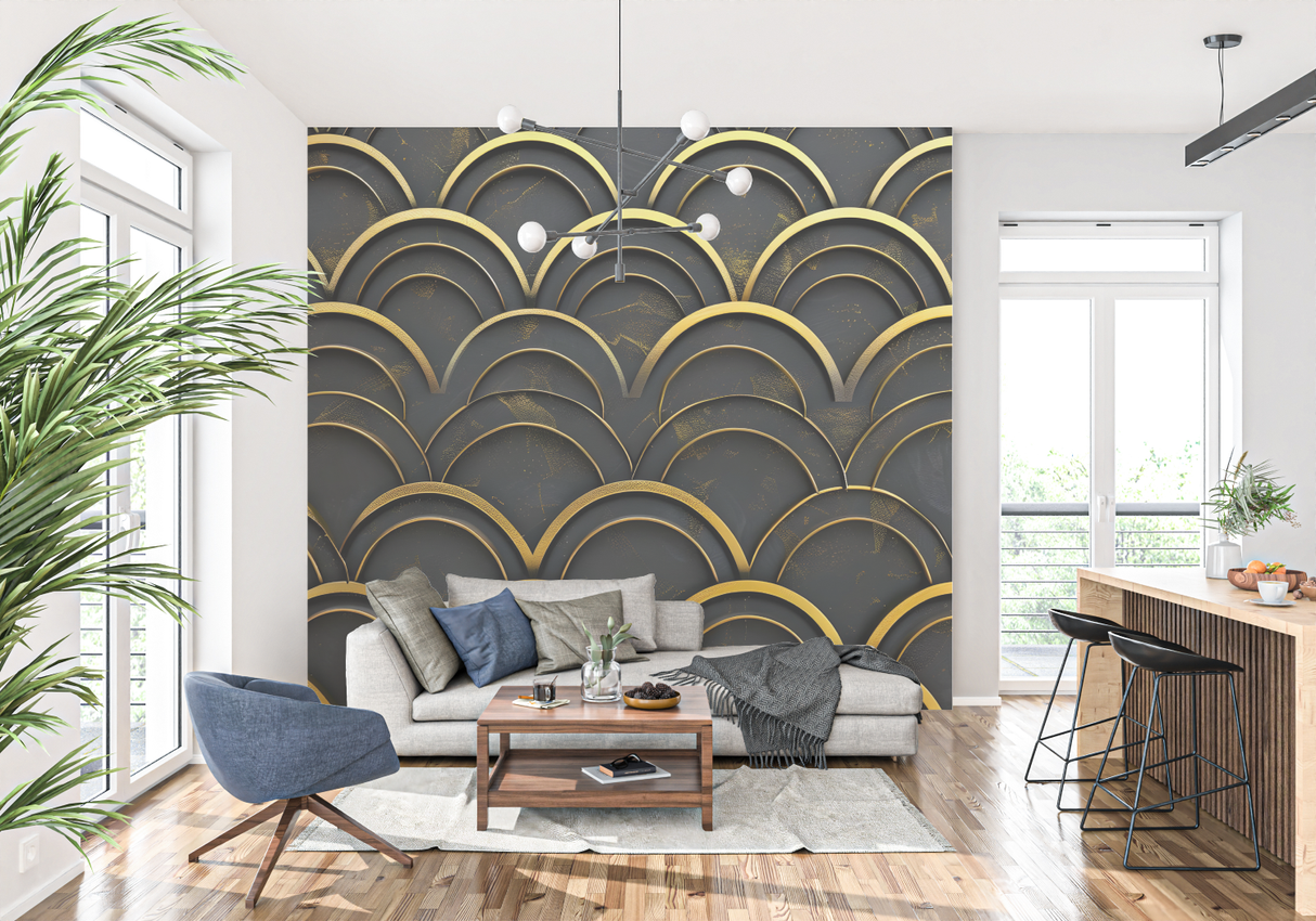 Art Deco Mural Wallpaper | Black and Gold Geometric Arches