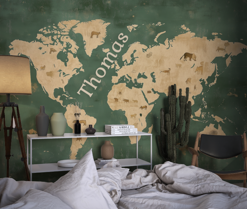 World Map Mural Wallpaper | Green and Gold with Animal Silhouettes