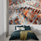 Abstract Mural Wallpaper | Modern Terracotta and Silver Wave Design