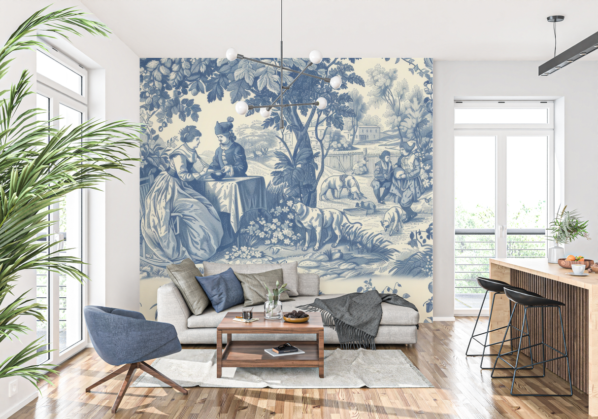 Vintage Mural Wallpaper | Blue and Beige Toile de Jouy Scene