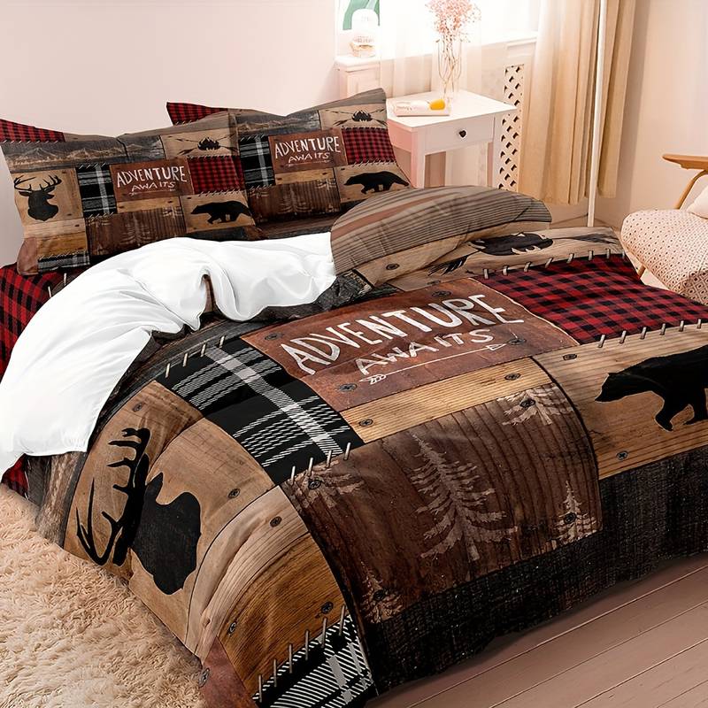Rustic Forest Bedding Set  Buffalo Plaid Wildlife Pattern - Detailed view
