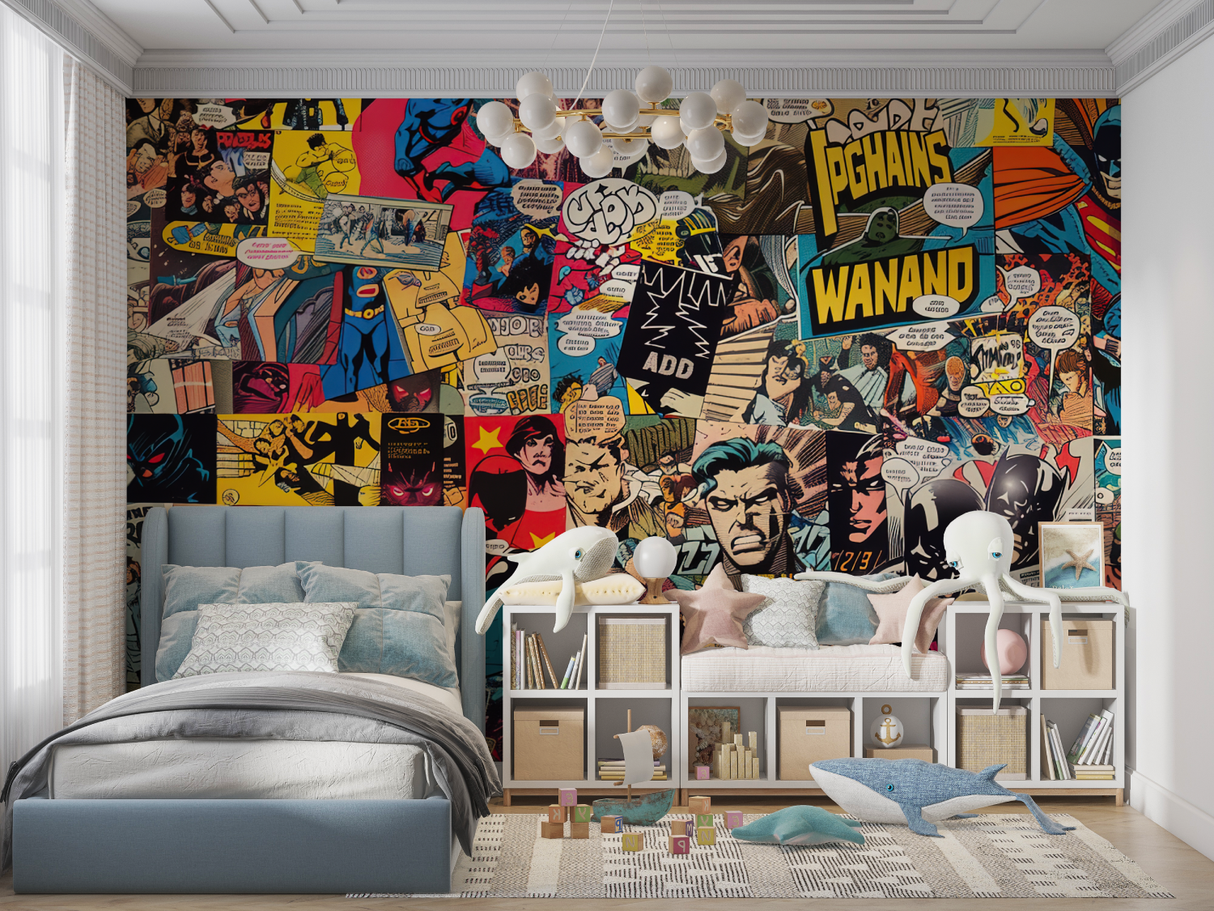 Comic Book Mural Wallpaper | Retro Superhero Collage Design