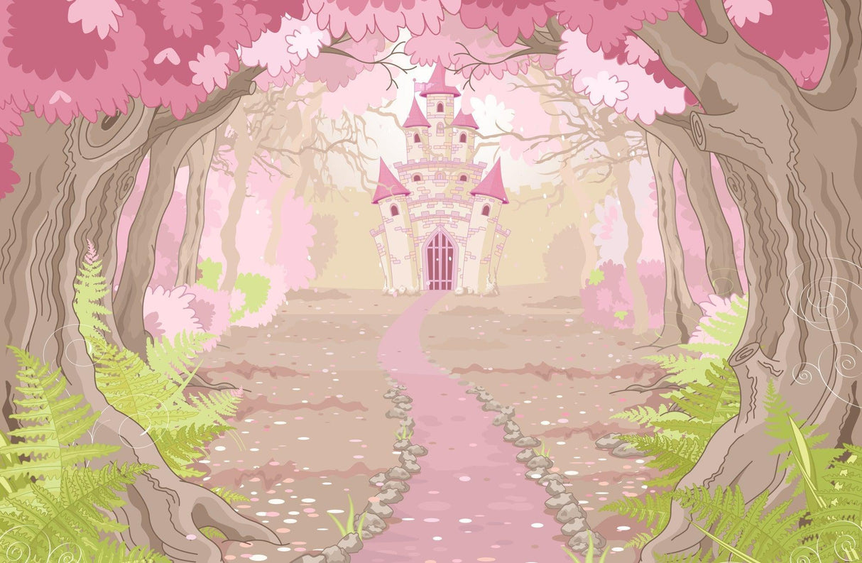 Princess Castle Mural Wallpaper | Enchanted Pink Forest Path