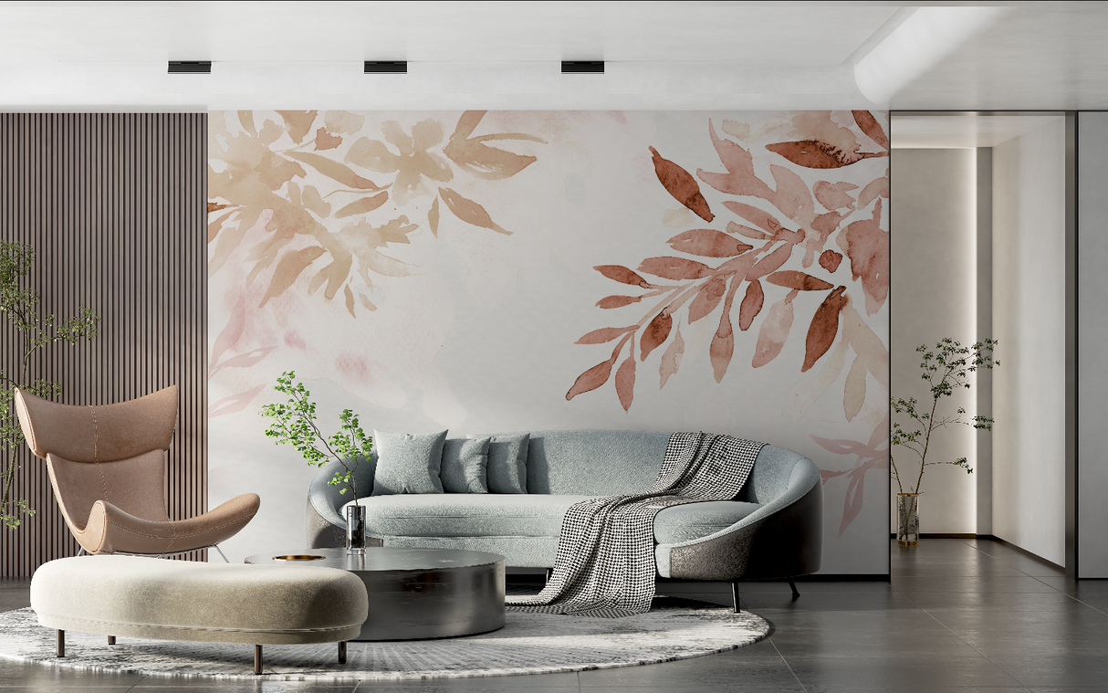 Floral Mural Wallpaper | Watercolor Terracotta Leaves