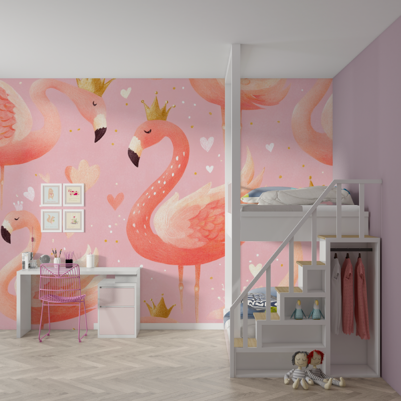 Princess Mural Wallpaper | Pink Flamingo with Gold Crowns