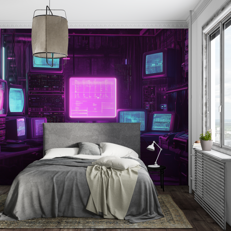 Gaming Mural Wallpaper | Retro Tech Purple Neon Design