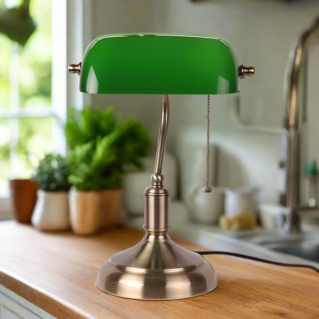 Classic Banker Table Lamp  Black Glass Base with Brass Accents - Product detail 5