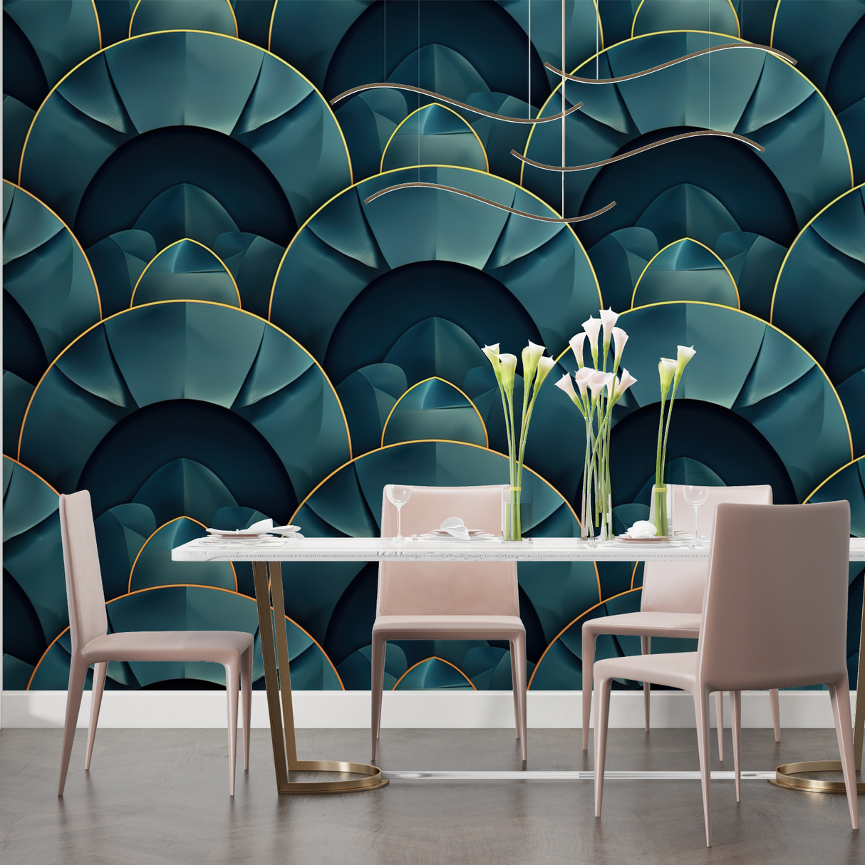Art Deco Mural Wallpaper | Emerald Green Fan Pattern with Gold Lines