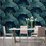 Art Deco Mural Wallpaper | Emerald Green Fan Pattern with Gold Lines