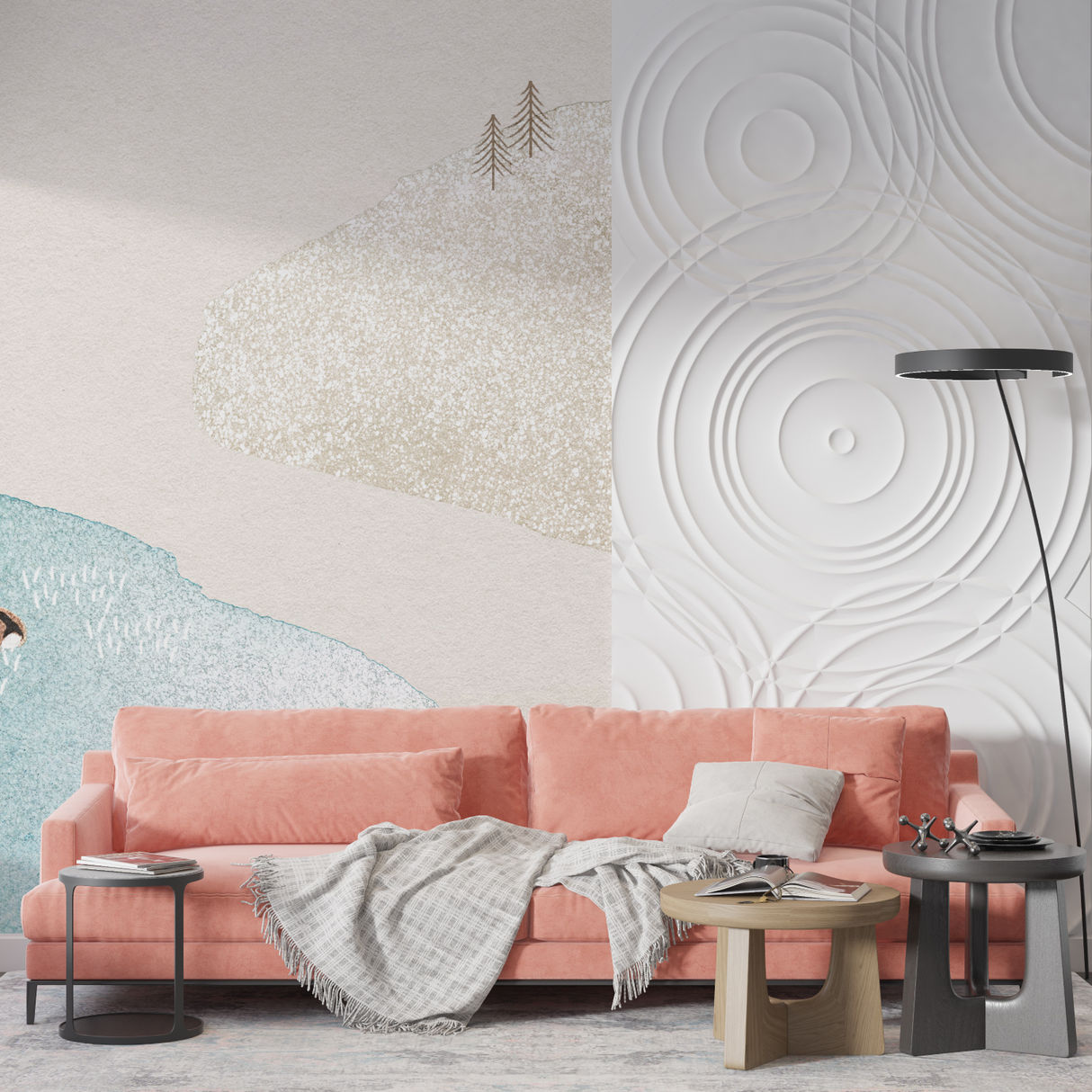 Mountain Mural Wallpaper | Nordic Watercolor with Gold Accents