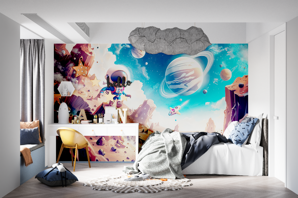 Galaxy Mural Wallpaper | Colorful Space Nebula with Planets