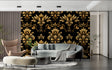 Black and gold damask wallpaper in modern living room creating elegant atmosphere