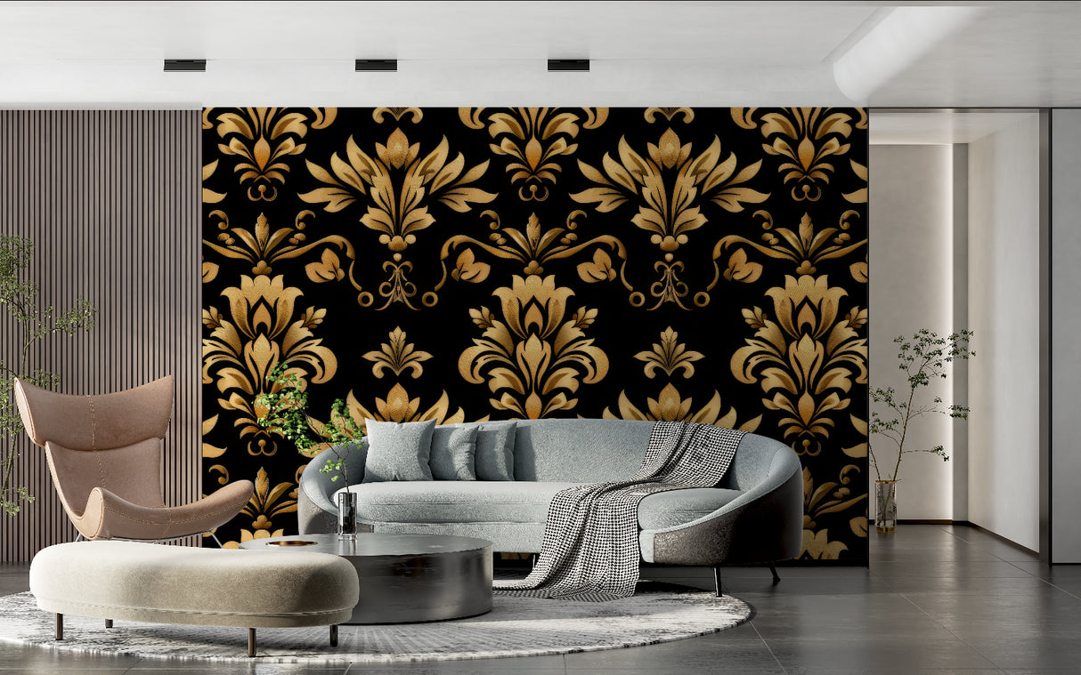 Black and gold damask wallpaper in modern living room creating elegant atmosphere