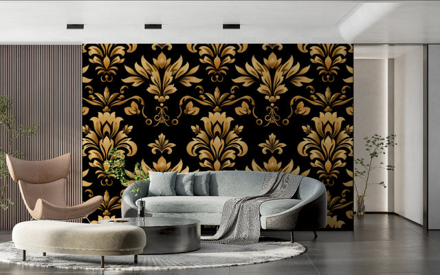 Black and gold damask wallpaper in modern living room creating elegant atmosphere
