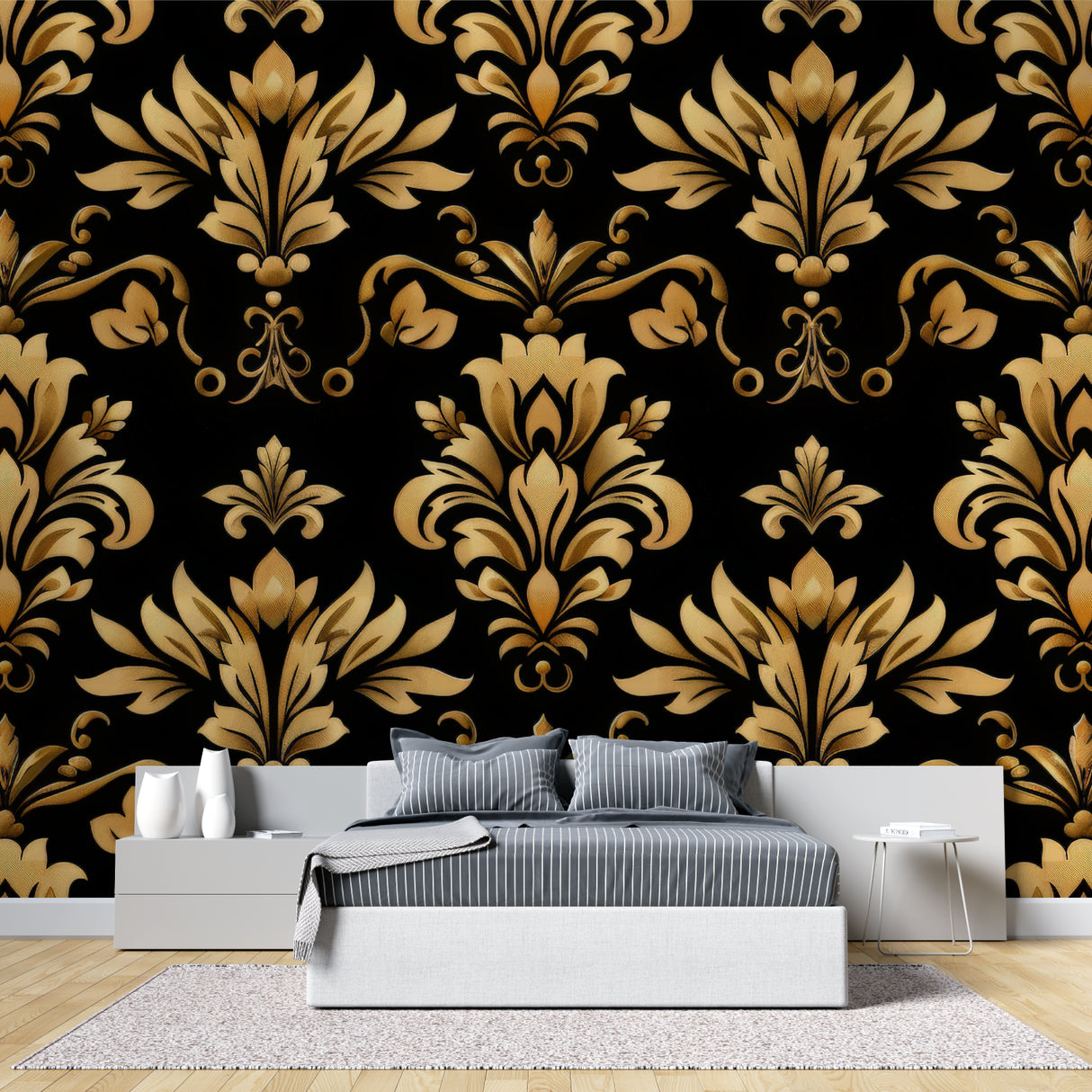 Master bedroom featuring black and gold damask wall mural