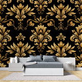 Master bedroom featuring black and gold damask wall mural