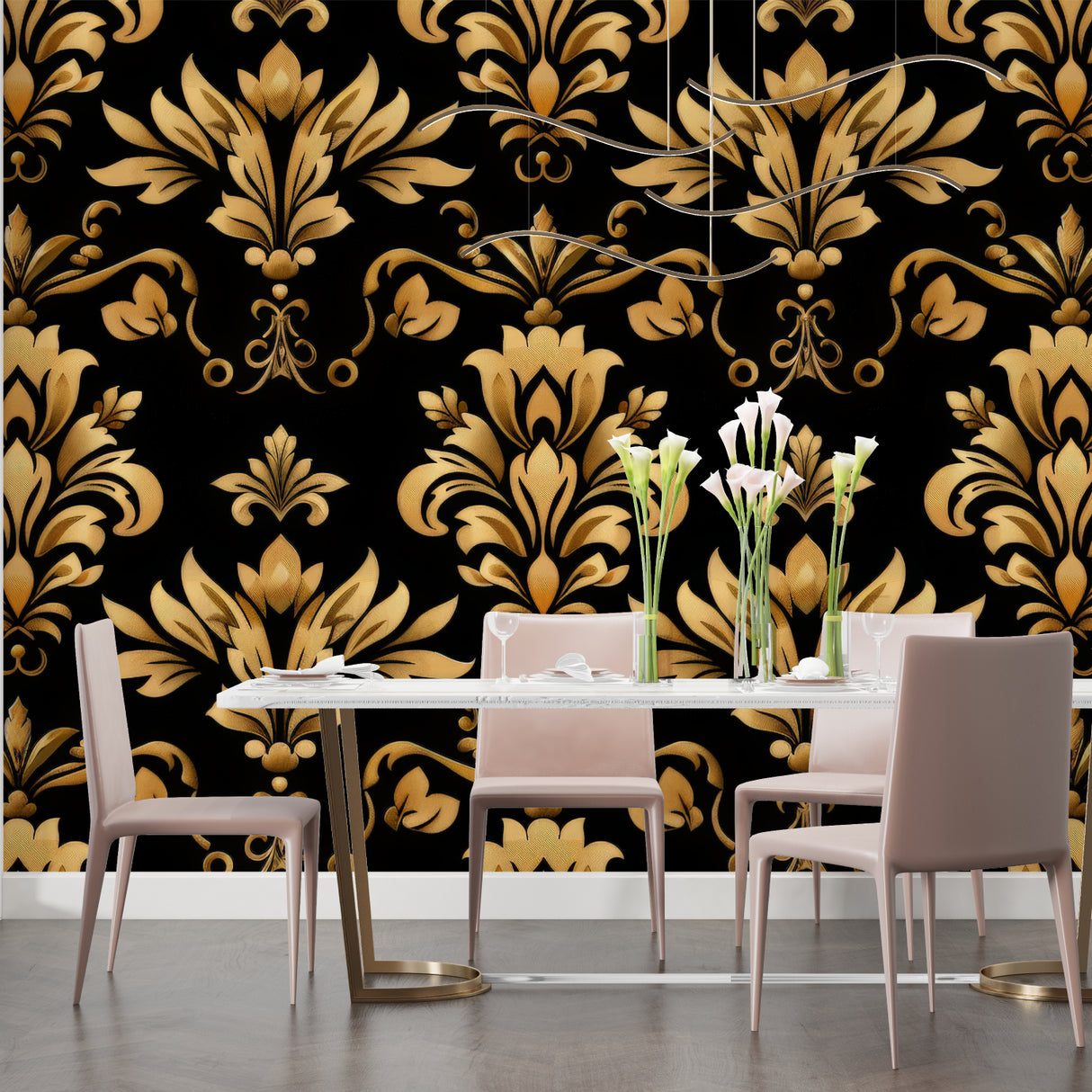 Gold baroque pattern wallpaper in home office space