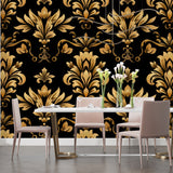 Gold baroque pattern wallpaper in home office space
