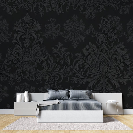Black and silver baroque wallpaper in modern dining room with crystal chandelier