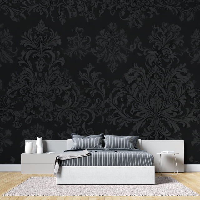 Black and silver baroque wallpaper in modern dining room with crystal chandelier