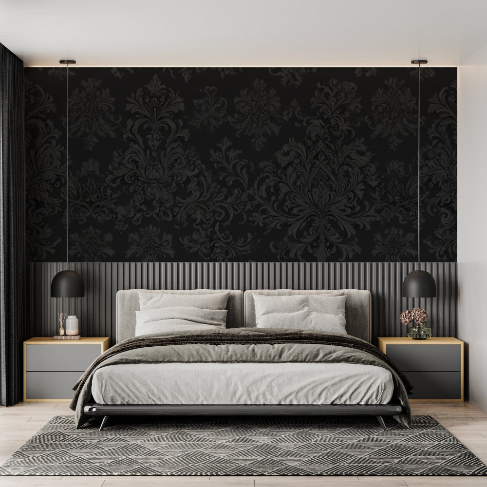 Damask wall mural creating drama in master bedroom with silver accents