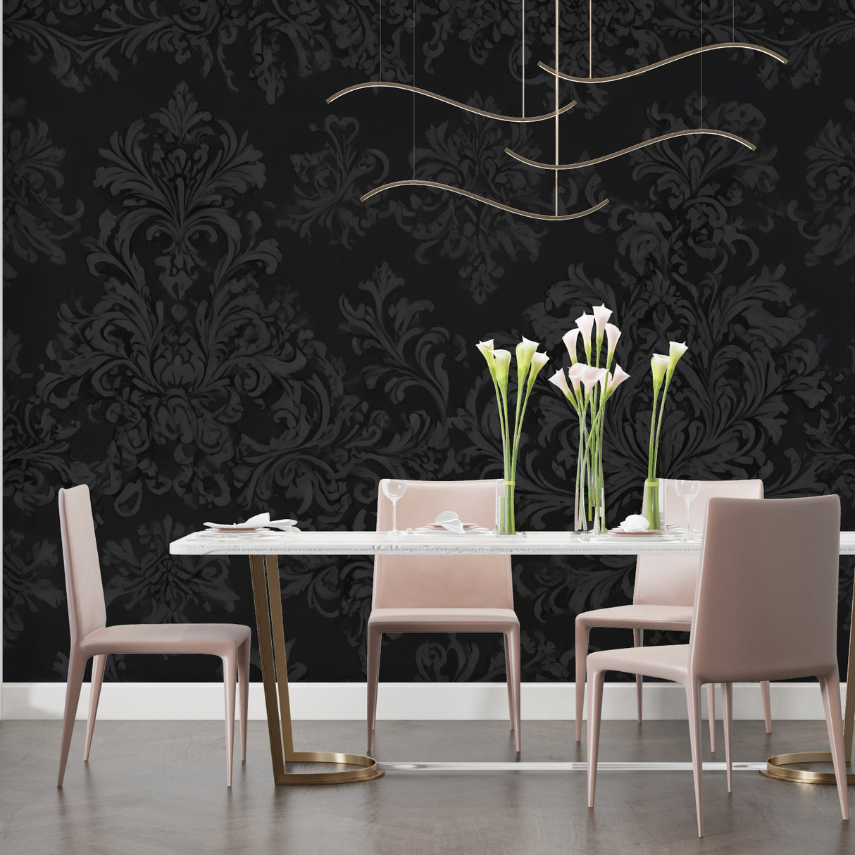 Baroque wall mural adding sophistication to formal living room