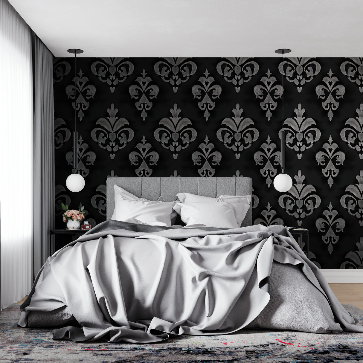 Black and silver damask wallpaper in modern living room with grey sofa and crystal chandelier