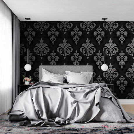 Black and silver damask wallpaper in modern living room with grey sofa and crystal chandelier
