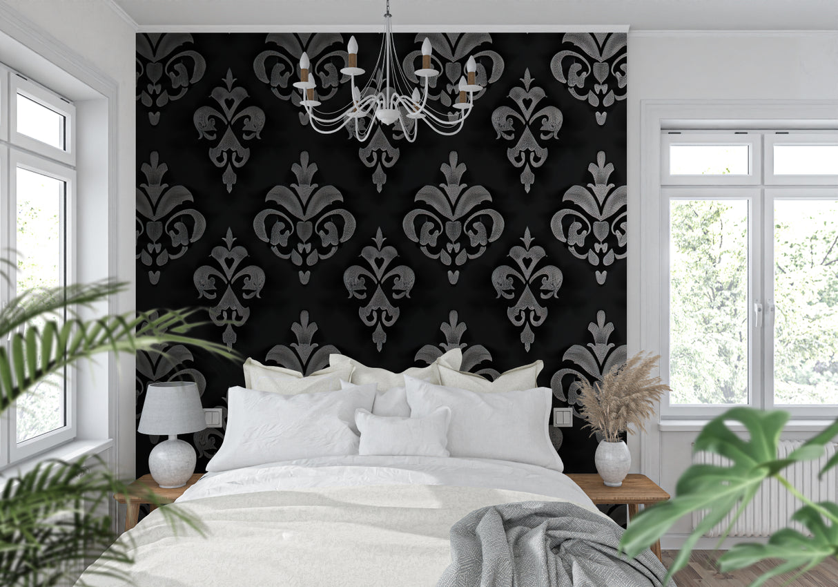 Classic damask wall mural in master bedroom with luxury bedding and silver accents