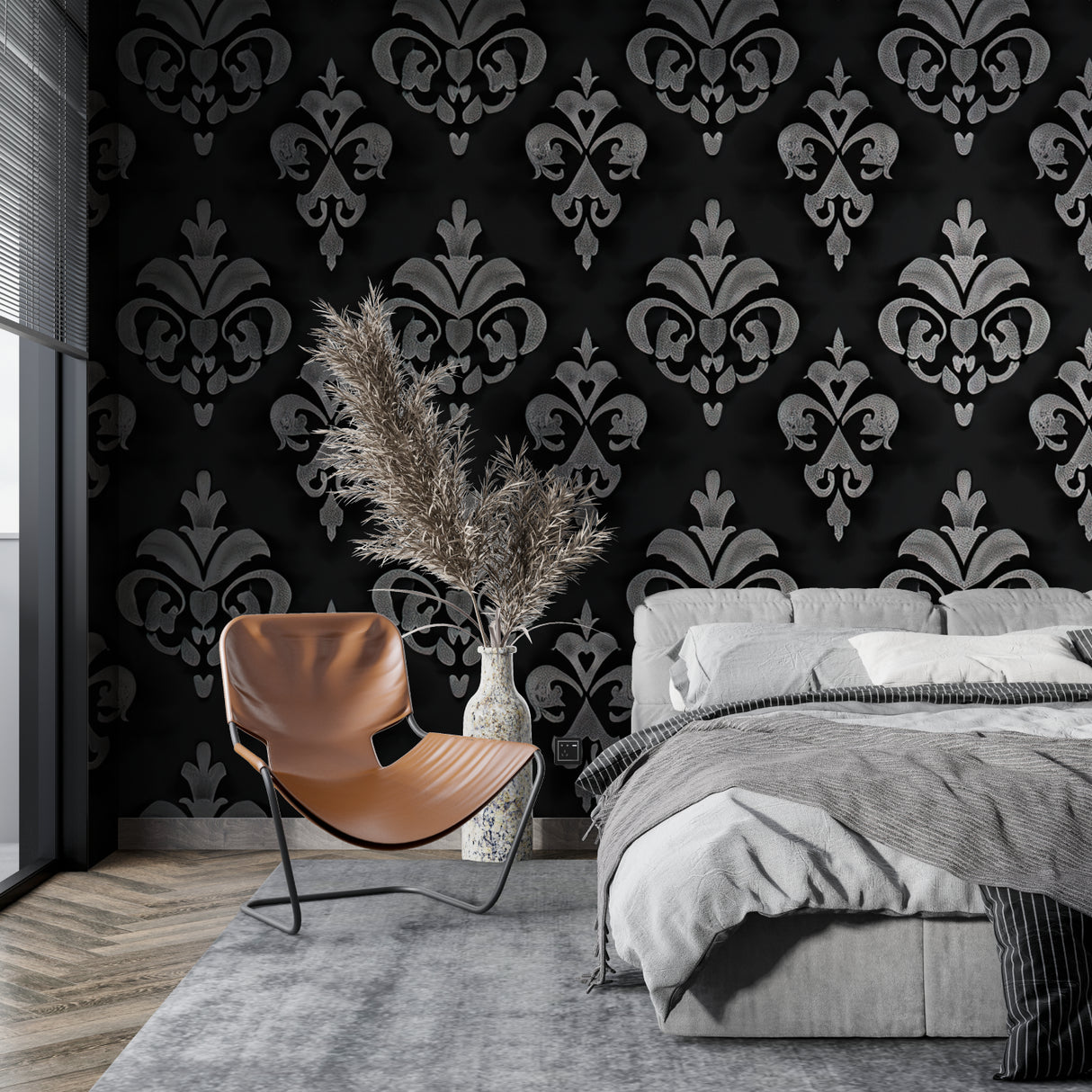 Elegant damask pattern wallpaper in dining room with modern furniture and ambient lighting