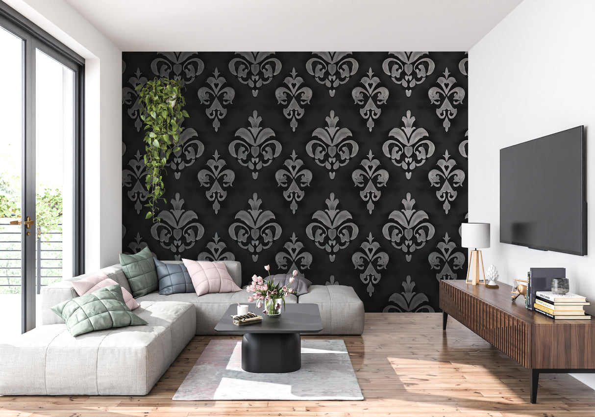 Black damask wallpaper in home office with white desk and silver decorative elements