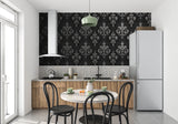Silver damask wall mural in hallway with mirror and contemporary lighting fixtures