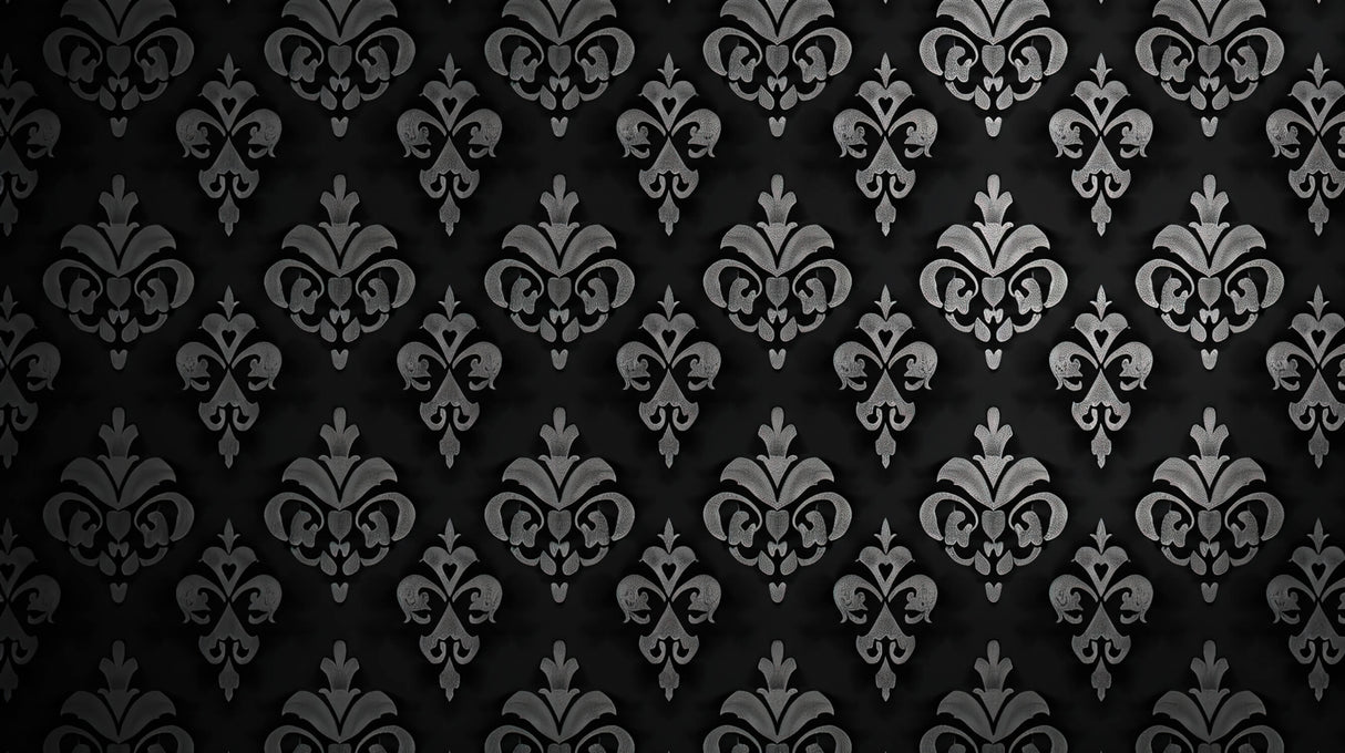 Design file of black and silver damask pattern showing intricate floral motifs and metallic details