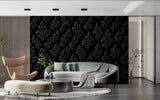 Classic damask pattern mural in dining room with crystal chandelier and dark wood furniture