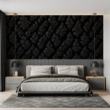 Home office featuring black damask wallpaper with modern minimalist desk setup