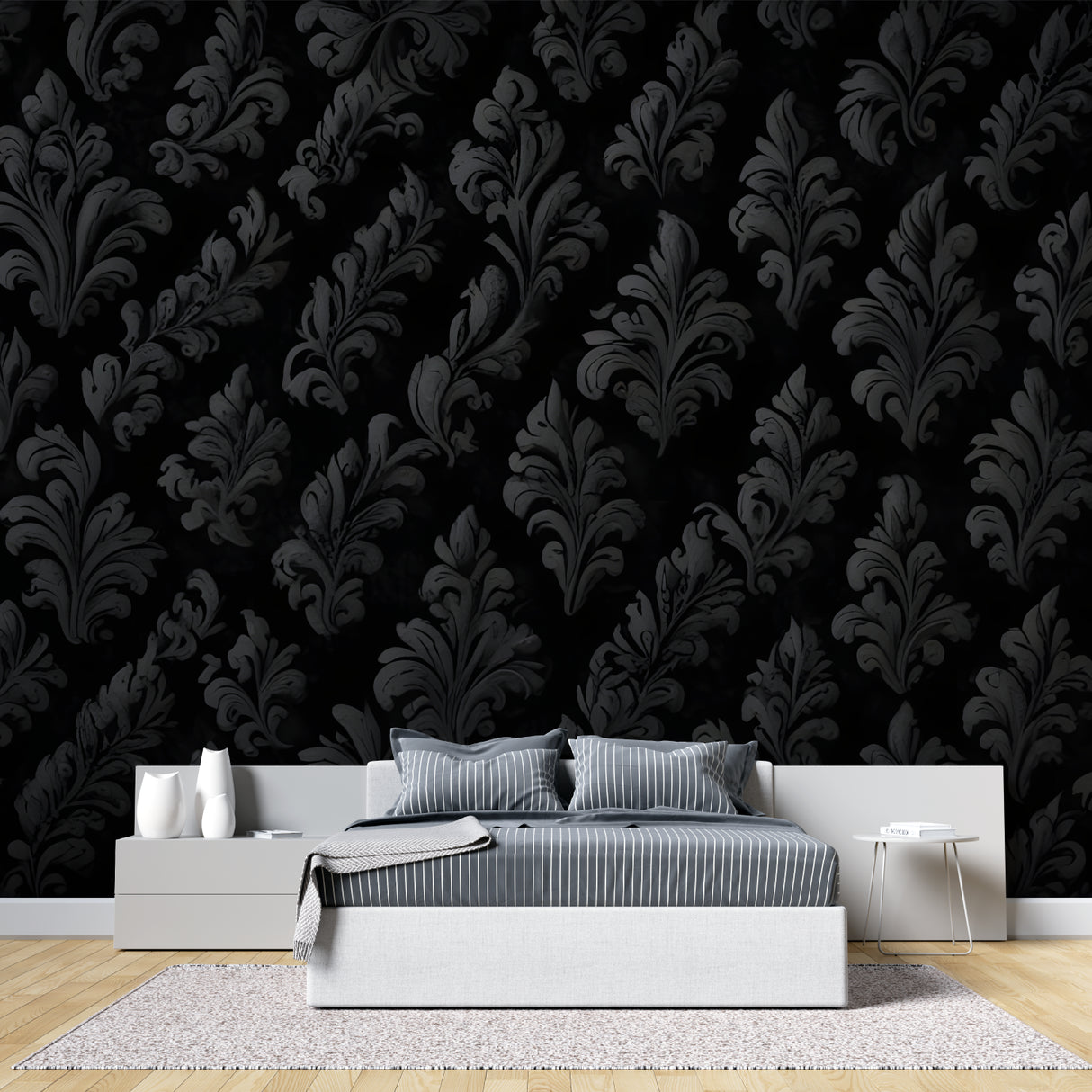 Elegant entryway with black damask pattern wallpaper and gold-framed mirror