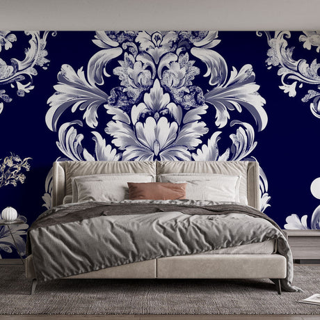 Blue and white damask wallpaper displayed in an elegant dining room with crystal chandelier and classic furniture