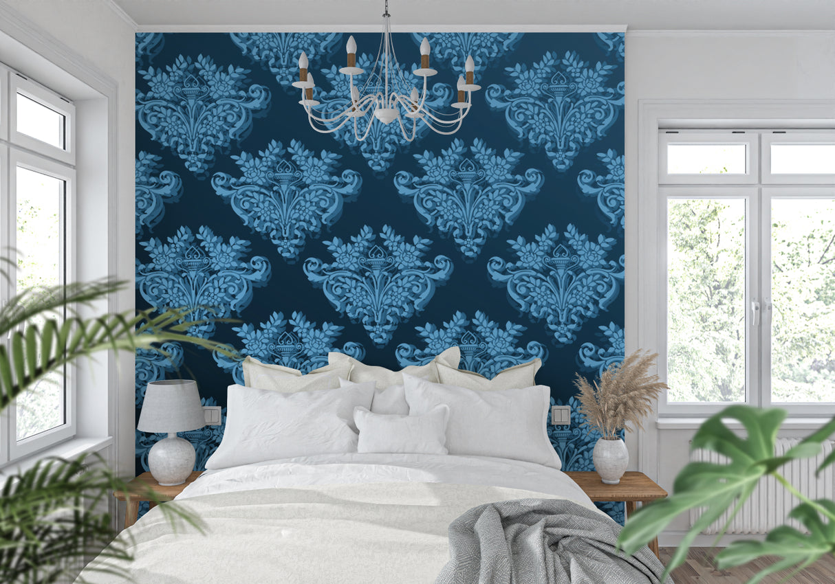 Blue damask wallpaper in a bright living room setting with modern furniture and natural light