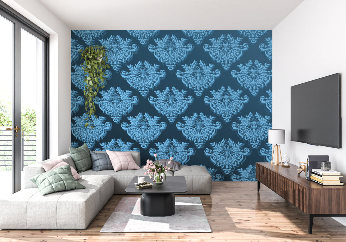 Classic blue damask pattern in a cozy master bedroom with white trim