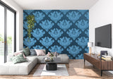 Classic blue damask pattern in a cozy master bedroom with white trim