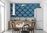 Blue baroque pattern wallpaper in a home office setting