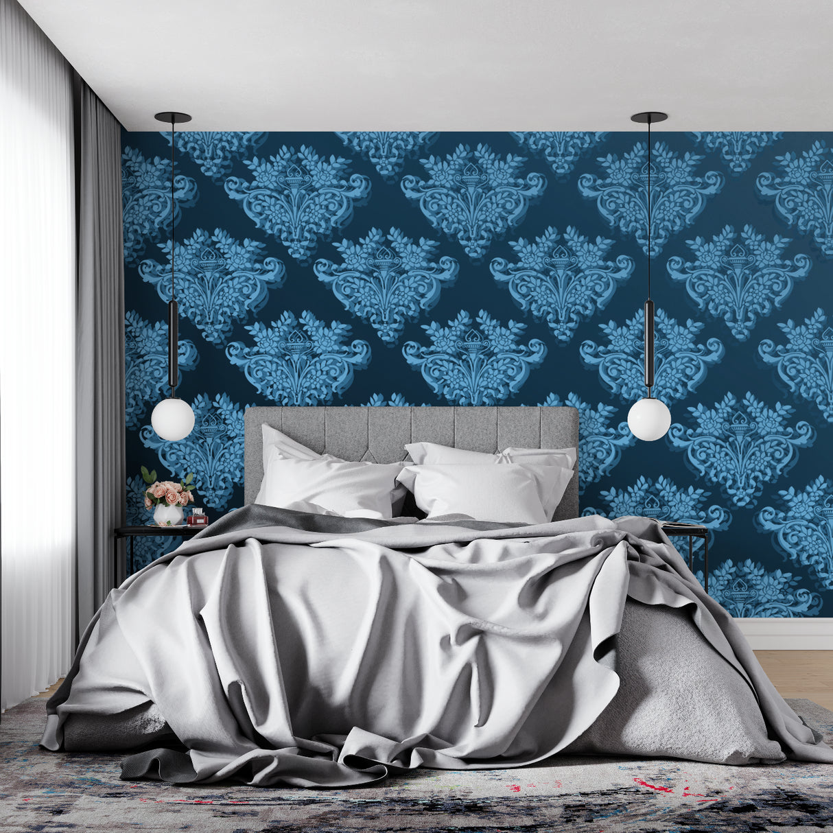 Damask wall mural showcased in an entryway with high ceilings