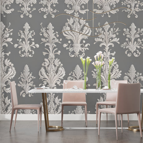 Grey and white Damask wallpaper mural in an elegant dining room with crystal chandelier