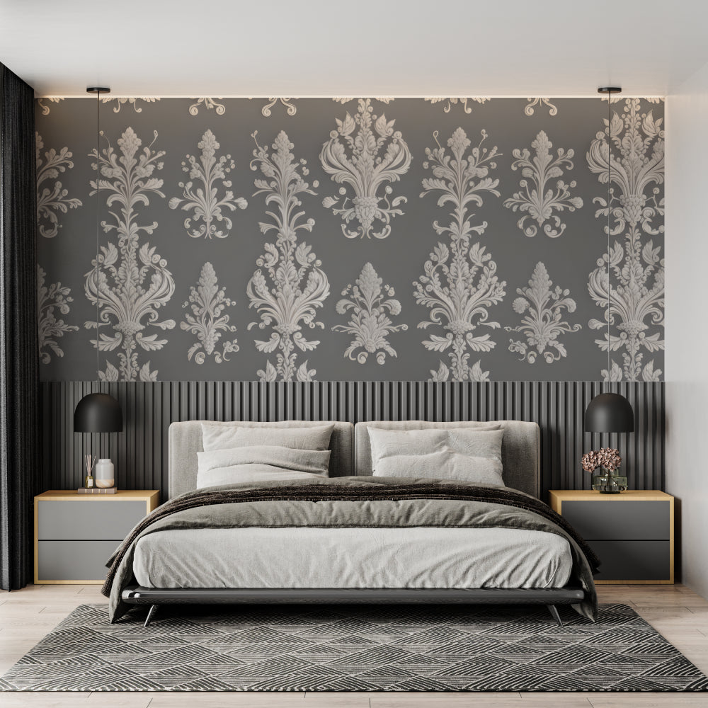 Baroque pattern wallpaper creating a luxurious atmosphere in master bedroom