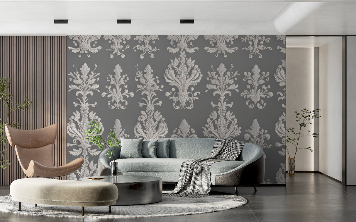 Grey Damask wallpaper adding elegance to a home office space