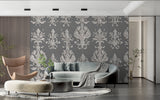 Grey Damask wallpaper adding elegance to a home office space
